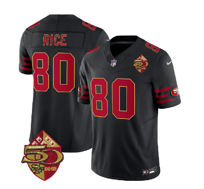 Men's San Francisco 49ers #80 Jerry Rice Black 2023 F.U.S.E. 50th Patch Throwback Football Stitched Jersey